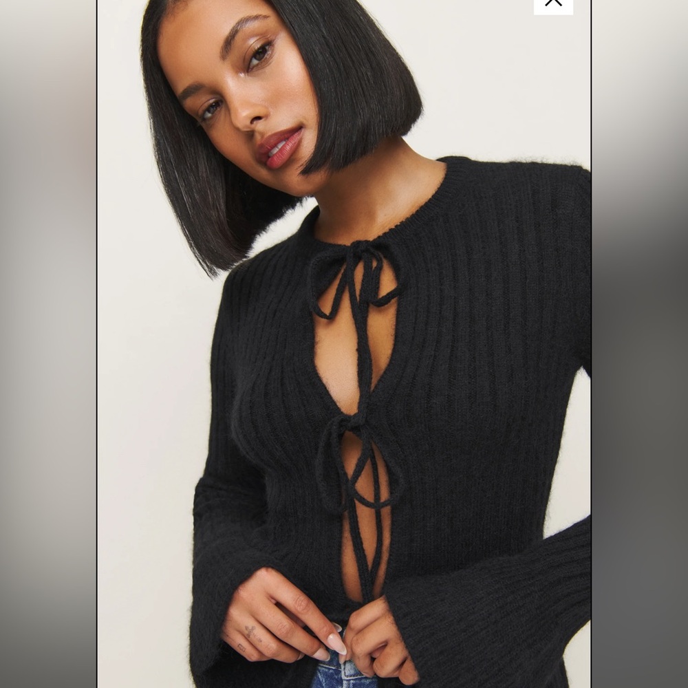 NWT Reformation Rebecca Cashmere Alpaca Tie Front Cardigan Black - Size XL - Picture 3 of 4